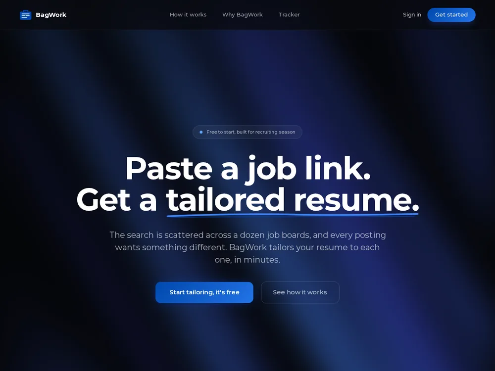 BagWork landing page: Paste a job link. Get a tailored resume.