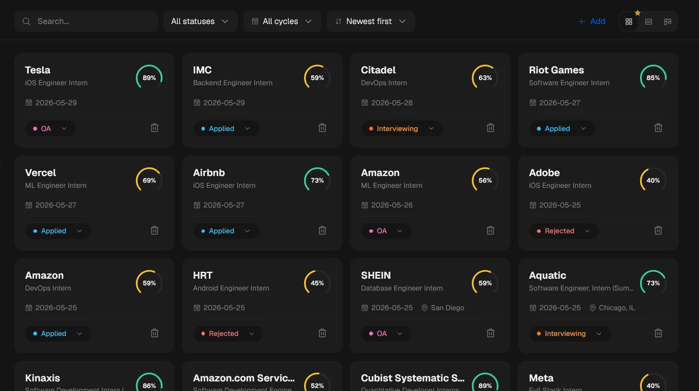 BagWork application tracker: cards per application with company, role, date, keyword match score, and status such as Applied, OA, Interviewing, or Rejected