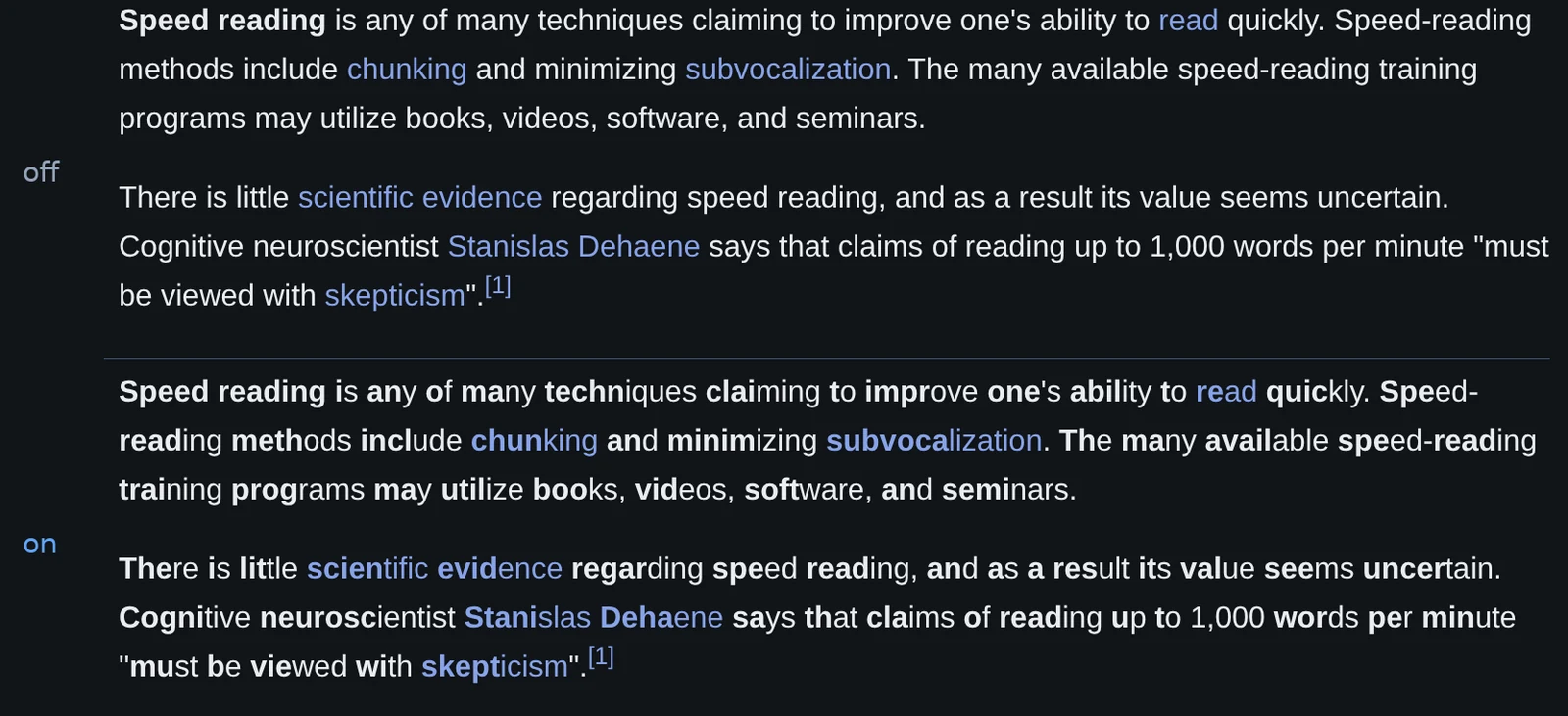 The same Wikipedia paragraph with Fixlexic off and on