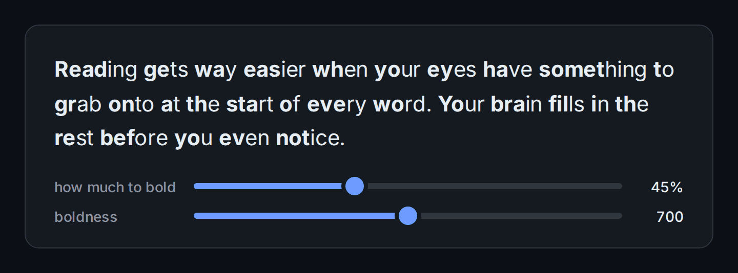 Animated demo: moving the bold-ratio and weight sliders changes how much of each word is bolded