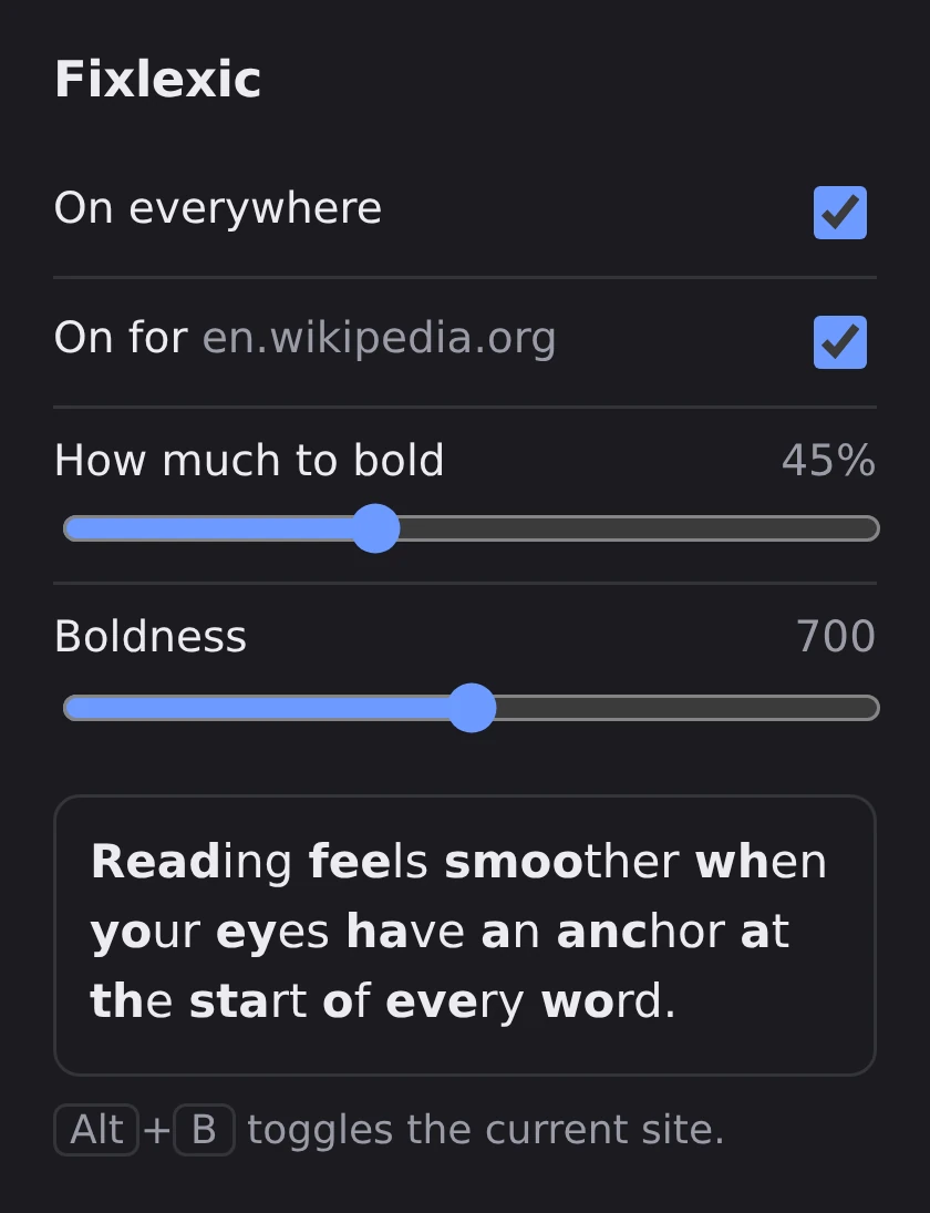 Fixlexic toolbar popup with global and per-site switches, two sliders, and a live preview
