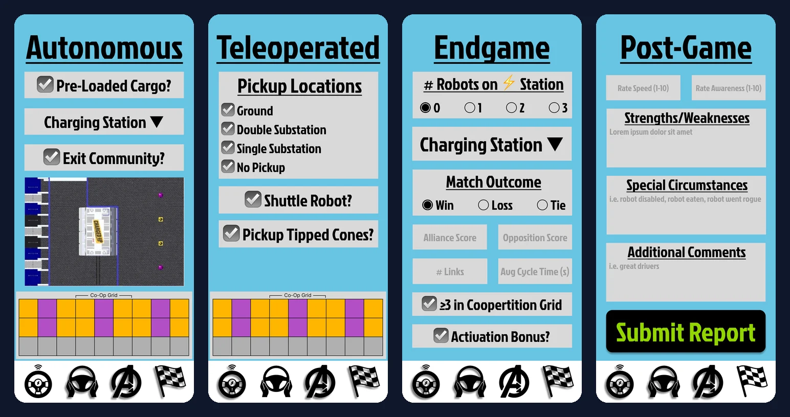 Figma prototype screens for Autonomous, Teleoperated, Endgame, and Post-Game
