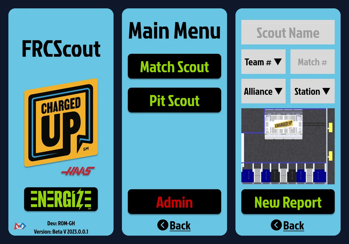 Figma prototype screens: FRCScout home, main menu with Match Scout, Pit Scout and Admin, and the new report form