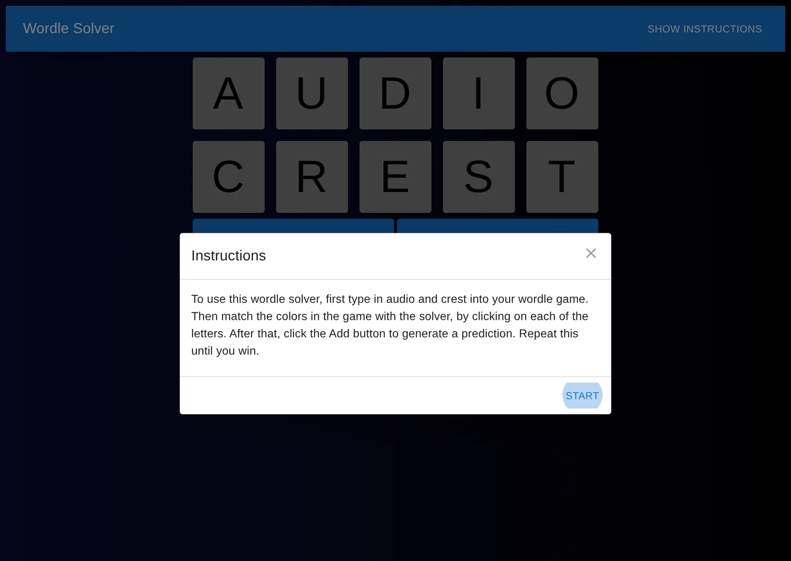 Wordle Solver start screen suggesting AUDIO and CREST